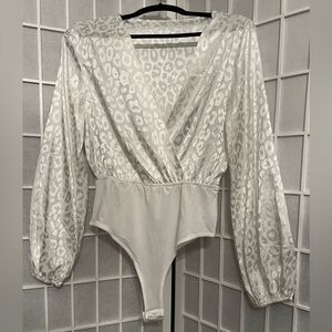 SHEIN White Ivory Satin Leopard Print V-Neck Deep V Long-Sleeve Bodysuit